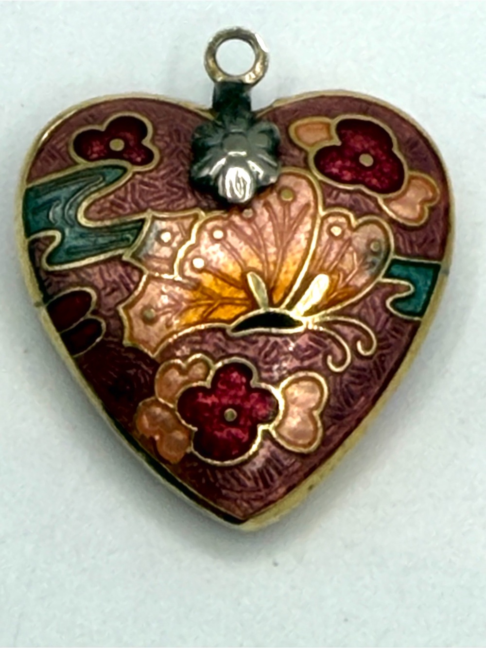 Vintage Cloisonne Enamel Heart Pendant Butterfly Floral Gold Tone